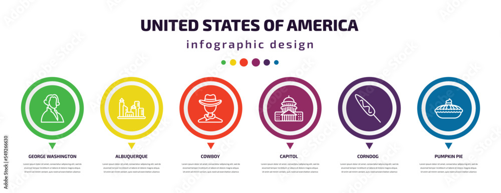 united states of america infographic element with icons and 6 step or option. united states of america icons such as george washington, albuquerque, cowboy, capitol, corndog, pumpkin pie vector. can united states of america infographic element with icons and 6 step or option. united states of america icons such as george washington, albuquerque, cowboy, capitol, corndog, pumpkin pie vector. can
