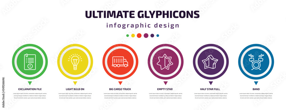 ultimate glyphicons infographic element with icons and 6 step or option. ultimate glyphicons icons such as exclamation file, light bulb on, big cargo truck, empty star, half star full, band vector. ultimate glyphicons infographic element with icons and 6 step or option. ultimate glyphicons icons such as exclamation file, light bulb on, big cargo truck, empty star, half star full, band vector.