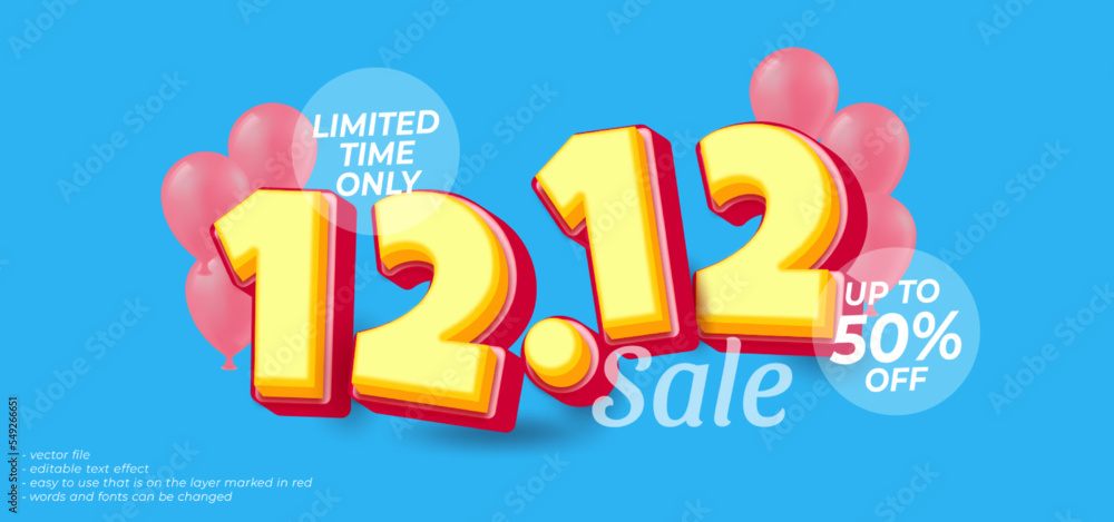 12.12 flash sale discount text number 3d comic and cartoon style editable text effect