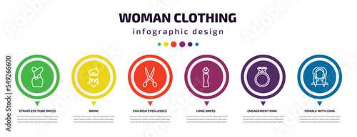 woman clothing infographic element with icons and 6 step or option. woman clothing icons such as strapless tube dress, bikini, childish eyeglasses, long dress, engagement ring, female with long hair
