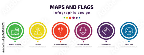 maps and flags infographic element with icons and 6 step or option. maps and flags icons such as map localization, caution, placeholder point, location marker, curves ahead, smoke zone vector. can
