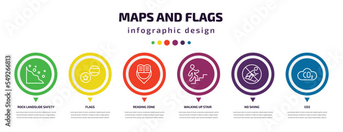 maps and flags infographic element with icons and 6 step or option. maps and flags icons such as rock landslide safety, flags, reading zone, walking up stair, no skiing, co2 vector. can be used for
