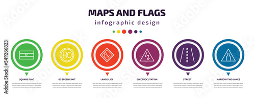 maps and flags infographic element with icons and 6 step or option. maps and flags icons such as square flag, 80 speed limit, land slide, electrocutation danger, street, narrow two lanes vector. can