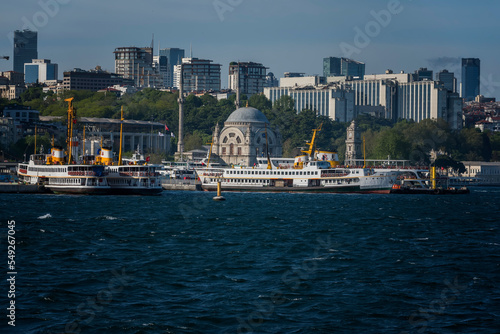 Istanbul Bosphorus panoramic photo. Istanbul landscape beautiful sunset with clouds  . Best tourist destination Turkey. Travel and business concept.