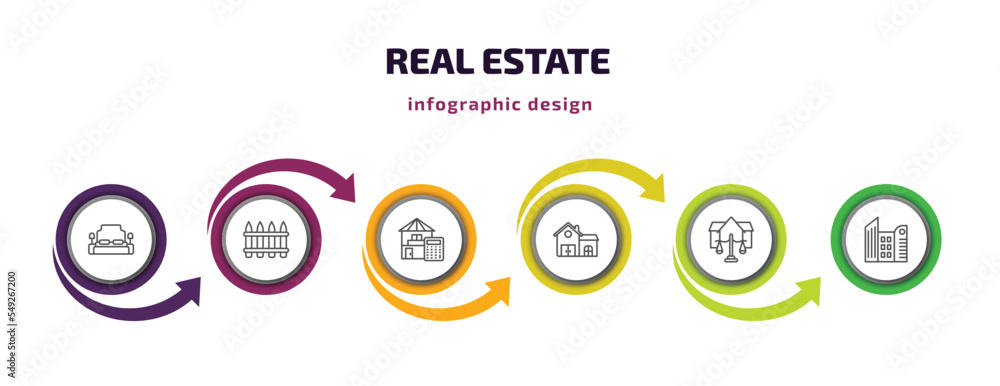 real estate infographic template with icons and 6 step or option. real estate icons such as bedroom, fence, calculate, house front view, juridical, skyscraper vector. can be used for banner, info real estate infographic template with icons and 6 step or option. real estate icons such as bedroom, fence, calculate, house front view, juridical, skyscraper vector. can be used for banner, info