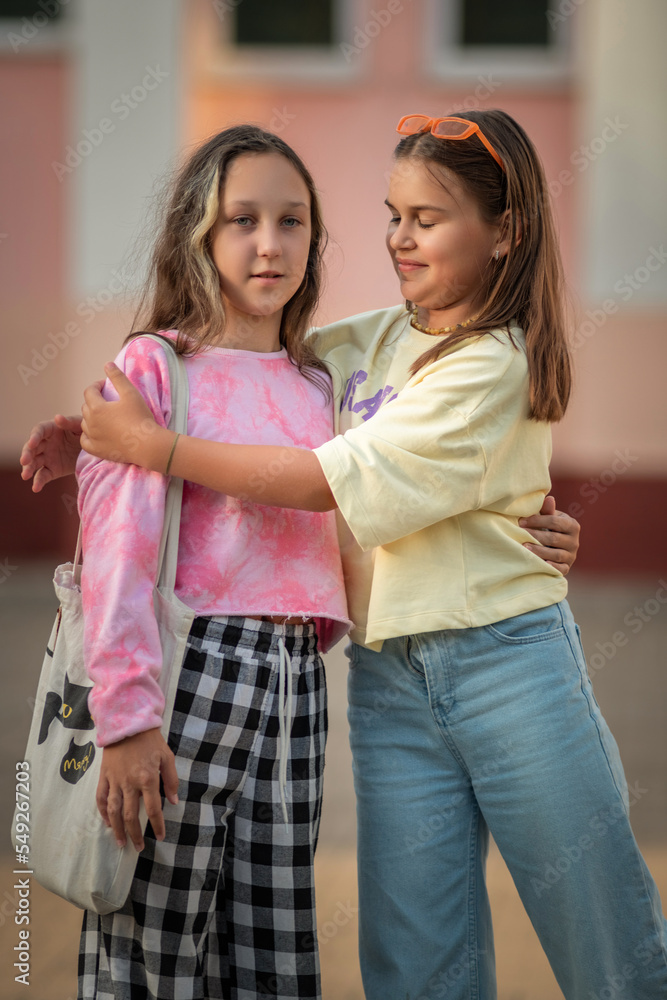 Portrait of young beautiful sisters in a summer park. Portrait of young beautiful sisters in a summer park.