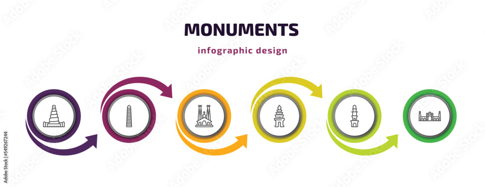 monuments infographic template with icons and 6 step or option. monuments icons such as great mosque of samarra, walled obelisk, spain, cambodia, the clock tower, id kah mosque vector. can be used monuments infographic template with icons and 6 step or option. monuments icons such as great mosque of samarra, walled obelisk, spain, cambodia, the clock tower, id kah mosque vector. can be used