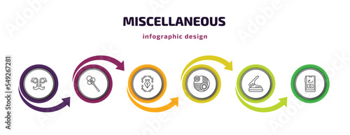 miscellaneous infographic template with icons and 6 step or option. miscellaneous icons such as fun glasses, carpet beater, will, abstract, puncher, front camera vector. can be used for banner, info