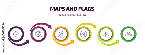 maps and flags infographic template with icons and 6 step or option. maps and flags icons such as land slide, arrow on globe, mount fuji, navigate, narrow right lane, co2 vector. can be used for