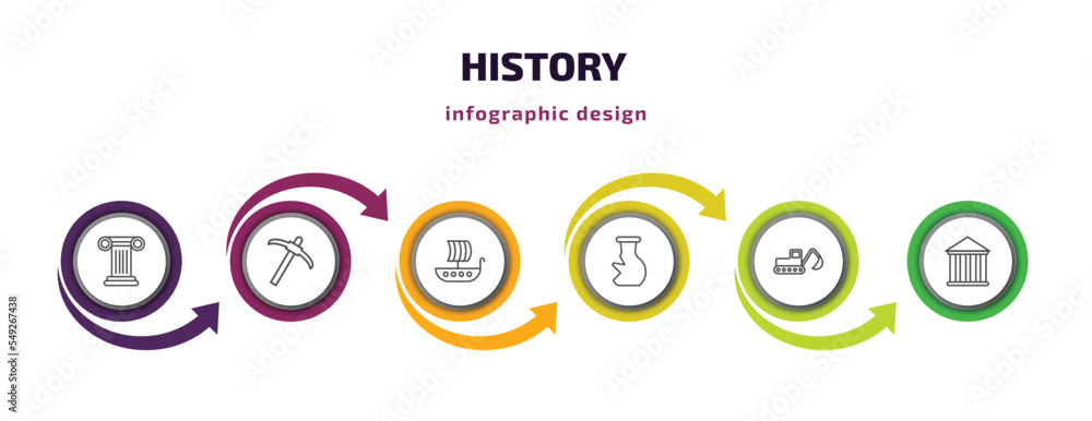 history infographic template with icons and 6 step or option. history icons such as column, pick, viking ship, archaeological, digger, pantheon vector. can be used for banner, info graph, web, history infographic template with icons and 6 step or option. history icons such as column, pick, viking ship, archaeological, digger, pantheon vector. can be used for banner, info graph, web,