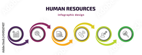 human resources infographic template with icons and 6 step or option. human resources icons such as earnings, job, grievance, call, , analysis vector. can be used for banner, info graph, web,