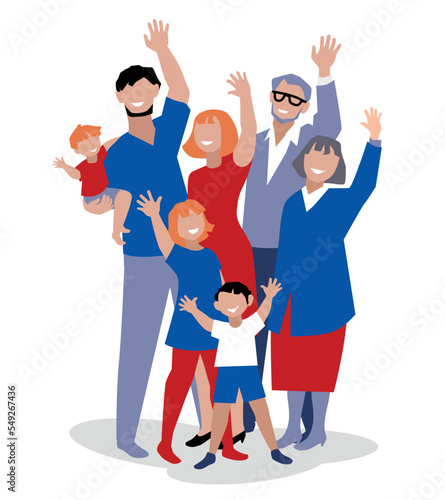Happy family waving. Vector illustration, clip art, cartoon colors. colorful.