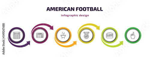 american football infographic template with icons and 6 step or option. american football icons such as calendar, score, , football medal, hamburger, foam finger vector. can be used for banner,