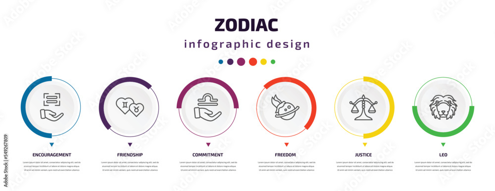 zodiac infographic element with icons and 6 step or option. zodiac icons such as encouragement, friendship, commitment, freedom, justice, leo vector. can be used for banner, info graph, web, zodiac infographic element with icons and 6 step or option. zodiac icons such as encouragement, friendship, commitment, freedom, justice, leo vector. can be used for banner, info graph, web,
