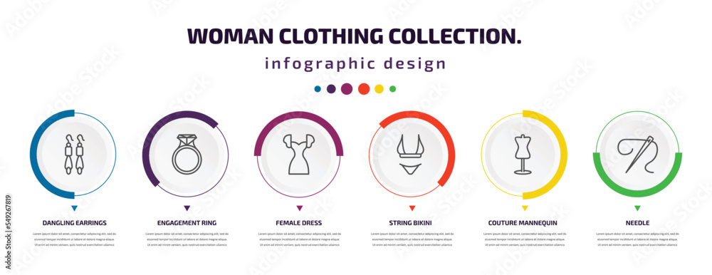 woman clothing collection. infographic element with icons and 6 step or option. woman clothing collection. icons such as dangling earrings, engagement ring, female dress, string bikini, couture woman clothing collection. infographic element with icons and 6 step or option. woman clothing collection. icons such as dangling earrings, engagement ring, female dress, string bikini, couture