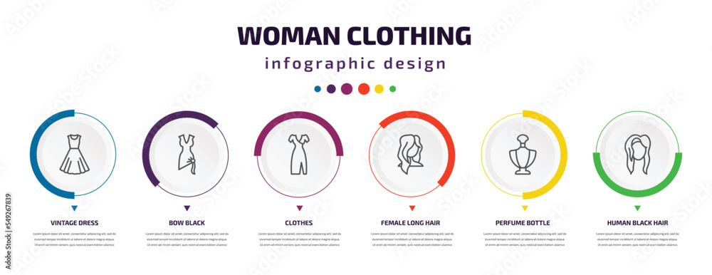 woman clothing infographic element with icons and 6 step or option. woman clothing icons such as vintage dress, bow black, clothes, female long hair, perfume bottle, human black hair vector. can be woman clothing infographic element with icons and 6 step or option. woman clothing icons such as vintage dress, bow black, clothes, female long hair, perfume bottle, human black hair vector. can be