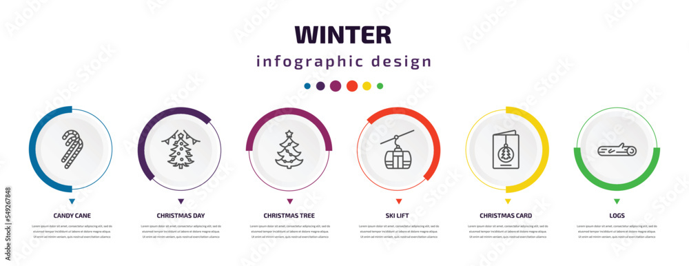 winter infographic element with icons and 6 step or option. winter icons such as candy cane, christmas day, christmas tree, ski lift, christmas card, logs vector. can be used for banner, info graph, winter infographic element with icons and 6 step or option. winter icons such as candy cane, christmas day, christmas tree, ski lift, christmas card, logs vector. can be used for banner, info graph,