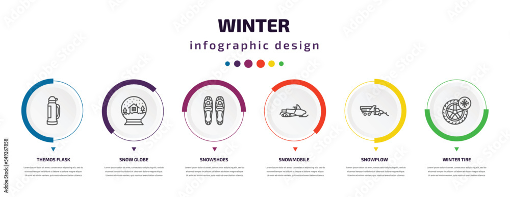 winter infographic element with icons and 6 step or option. winter icons such as themos flask, snow globe, snowshoes, snowmobile, snowplow, winter tire vector. can be used for banner, info graph, winter infographic element with icons and 6 step or option. winter icons such as themos flask, snow globe, snowshoes, snowmobile, snowplow, winter tire vector. can be used for banner, info graph,