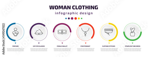 woman clothing infographic element with icons and 6 step or option. woman clothing icons such as perfume, cat eyes glasses, female wallet, star pendant, clothing stitches, strapless tube dress