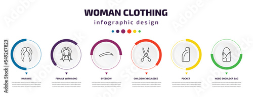 woman clothing infographic element with icons and 6 step or option. woman clothing icons such as hair wig, female with long hair, eyebrow, childish eyeglasses, pocket, hobo shoulder bag vector. can