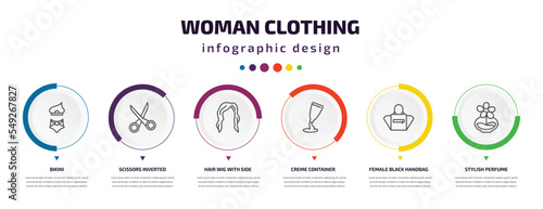 woman clothing infographic element with icons and 6 step or option. woman clothing icons such as bikini, scissors inverted view, hair wig with side, creme container black, female black handbag,