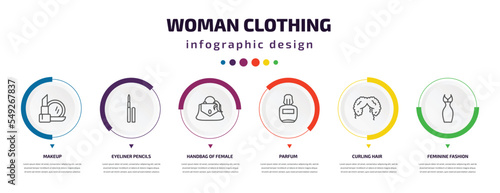 woman clothing infographic element with icons and 6 step or option. woman clothing icons such as makeup, eyeliner pencils, handbag of female, parfum, curling hair, feminine fashion vector. can be