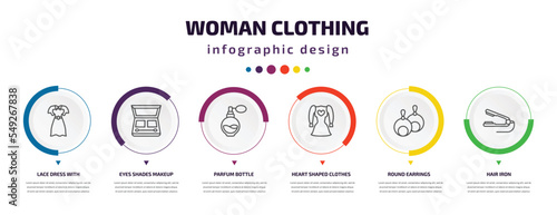 woman clothing infographic element with icons and 6 step or option. woman clothing icons such as lace dress with belt, eyes shades makeup, parfum bottle, heart shaped clothes, round earrings, hair