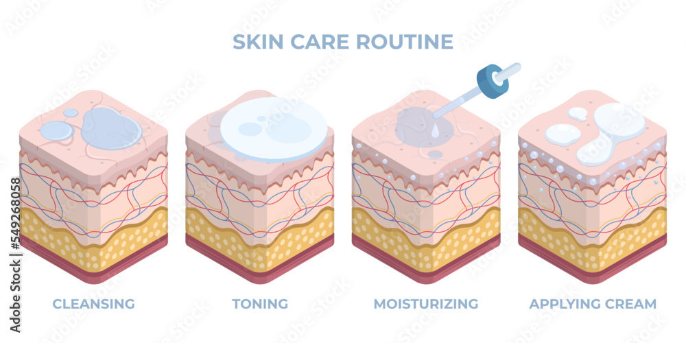 Obraz premium Isometric human skin care, 3d epidermis treatment. Facial skin care, cleansing, toning and hydration flat vector illustration. Dermatology skin treatment