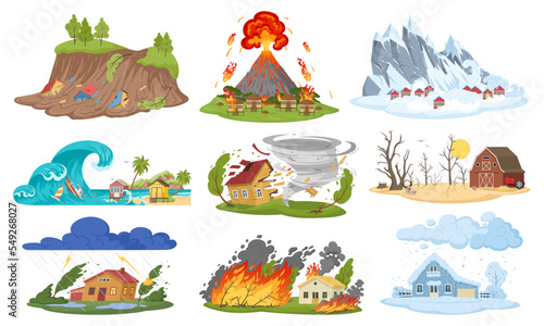 Cartoon natural disaster, hurricane, flooding and forest fire. Earthquake, drought and blizzard, environment damage cataclysm flat vector illustration set. Natural catastrophe collection