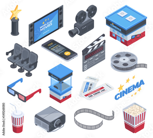 Isometric cinema, movie theatre, tickets, 3d eyeglasses and popcorn. Cinema chairs, soda, film and projector 3D vector illustration set. Movie theatre symbols collection