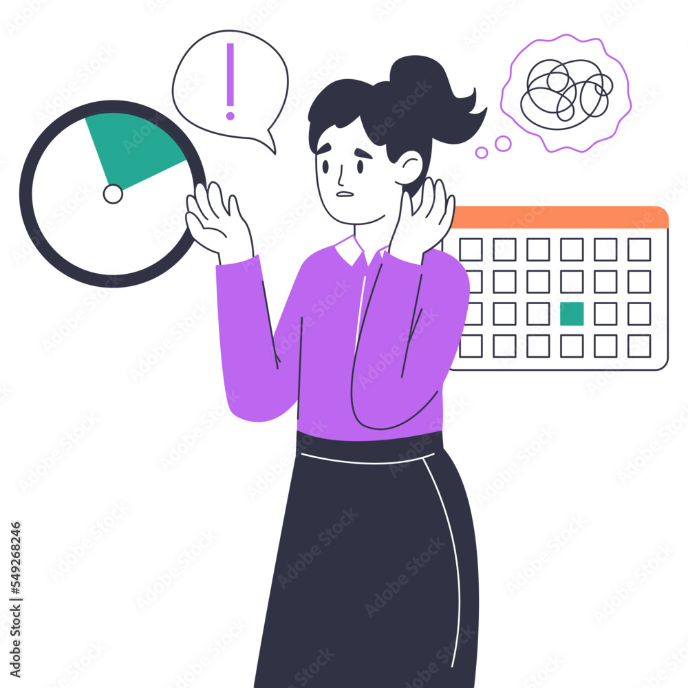 Deadline anxiety female person. Overloaded office business character, stressed chaotic office workflow flat vector illustration on white background