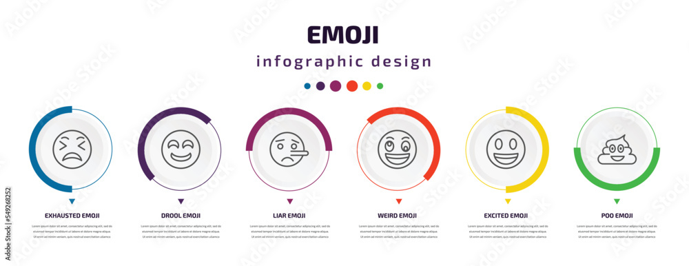 emoji infographic element with icons and 6 step or option. emoji icons such as exhausted emoji, drool liar weird excited poo vector. can be used for banner, info graph, web, presentations. emoji infographic element with icons and 6 step or option. emoji icons such as exhausted emoji, drool liar weird excited poo vector. can be used for banner, info graph, web, presentations.