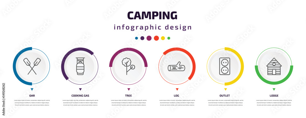 camping infographic element with icons and 6 step or option. camping icons such as oar, cooking gas, tree, log, outlet, lodge vector. can be used for banner, info graph, web, presentations. camping infographic element with icons and 6 step or option. camping icons such as oar, cooking gas, tree, log, outlet, lodge vector. can be used for banner, info graph, web, presentations.