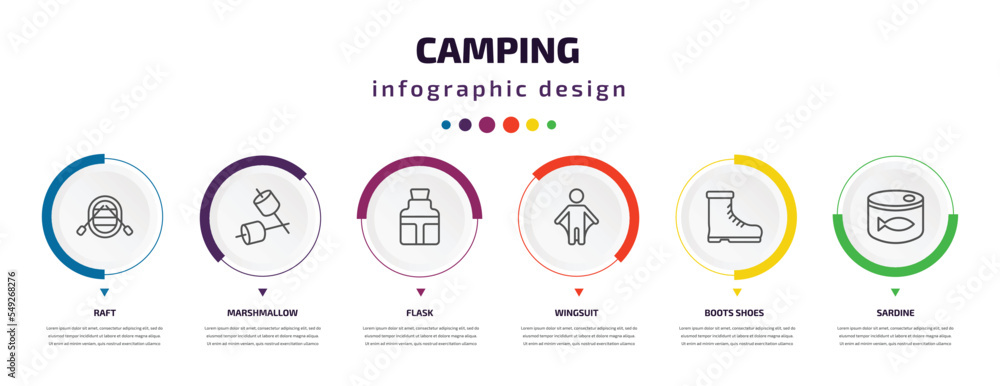 camping infographic element with icons and 6 step or option. camping icons such as raft, marshmallow, flask, wingsuit, boots shoes, sardine vector. can be used for banner, info graph, web, camping infographic element with icons and 6 step or option. camping icons such as raft, marshmallow, flask, wingsuit, boots shoes, sardine vector. can be used for banner, info graph, web,