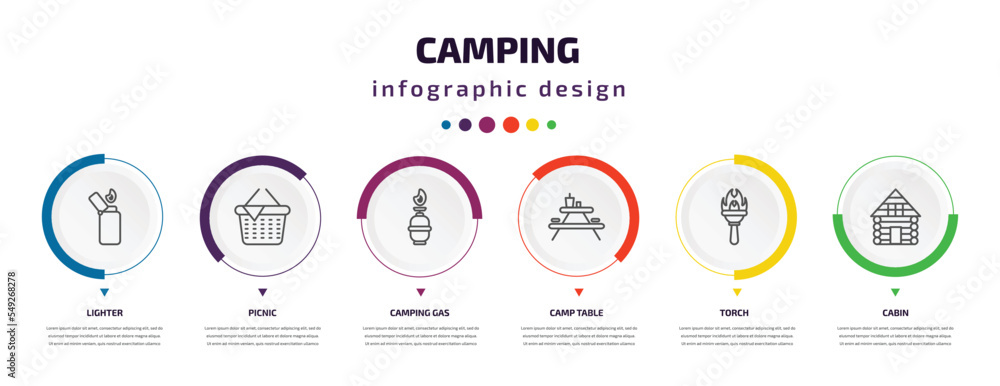 camping infographic element with icons and 6 step or option. camping ...