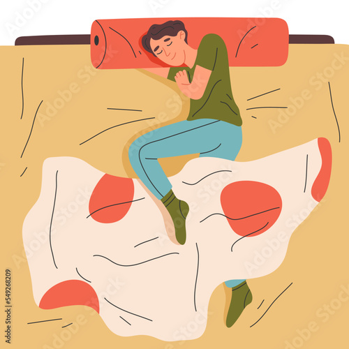Cartoon sleeping man in bed. Resting male character, bedtime scene flat vector illustration on white background