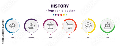 history infographic element with icons and 6 step or option. history icons such as stone, viking ship, greek, cart, face, tomb vector. can be used for banner, info graph, web, presentations.