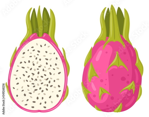 Cartoon tropical dragon fruit. Summer fresh red fruits, whole fruit and half flat vector illustration on white background