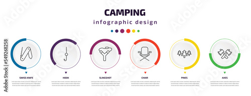 camping infographic element with icons and 6 step or option. camping icons such as swiss knife, hook, slingshot, chair, pines, axes vector. can be used for banner, info graph, web, presentations.