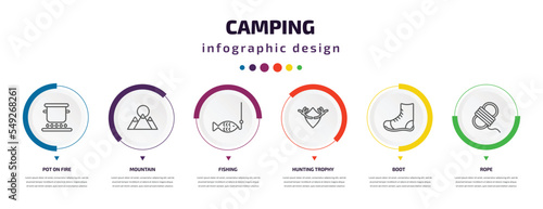 camping infographic element with icons and 6 step or option. camping icons such as pot on fire  mountain  fishing  hunting trophy  boot  rope vector. can be used for banner  info graph  web 