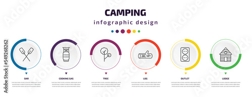 camping infographic element with icons and 6 step or option. camping icons such as oar  cooking gas  tree  log  outlet  lodge vector. can be used for banner  info graph  web  presentations.