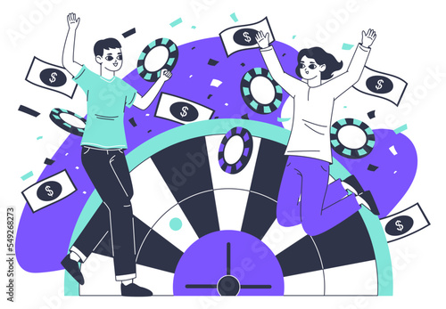 Fortune game lucky players. Jackpot winning, gambling characters, roulette game happy winners flat vector illustration on white background