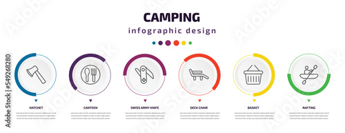 camping infographic element with icons and 6 step or option. camping icons such as hatchet, canteen, swiss army knife, deck chair, basket, rafting vector. can be used for banner, info graph, web,