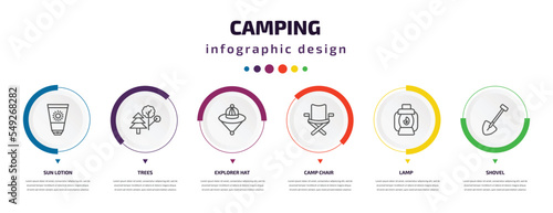 camping infographic element with icons and 6 step or option. camping icons such as sun lotion, trees, explorer hat, camp chair, lamp, shovel vector. can be used for banner, info graph, web,