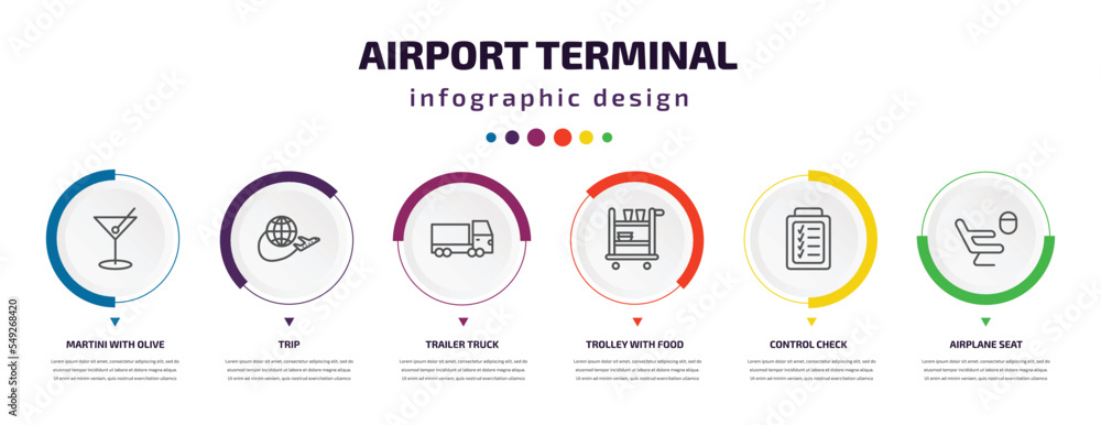 airport terminal infographic element with icons and 6 step or option. airport terminal icons such as martini with olive, trip, trailer truck, trolley with food, control check, airplane seat vector. airport terminal infographic element with icons and 6 step or option. airport terminal icons such as martini with olive, trip, trailer truck, trolley with food, control check, airplane seat vector.