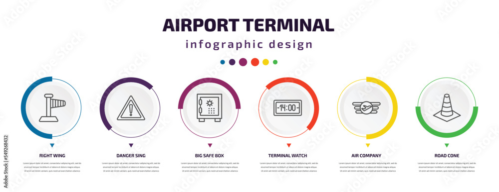 airport terminal infographic element with icons and 6 step or option. airport terminal icons such as right wing, danger sing, big safe box, terminal watch, air company, road cone vector. can be used airport terminal infographic element with icons and 6 step or option. airport terminal icons such as right wing, danger sing, big safe box, terminal watch, air company, road cone vector. can be used