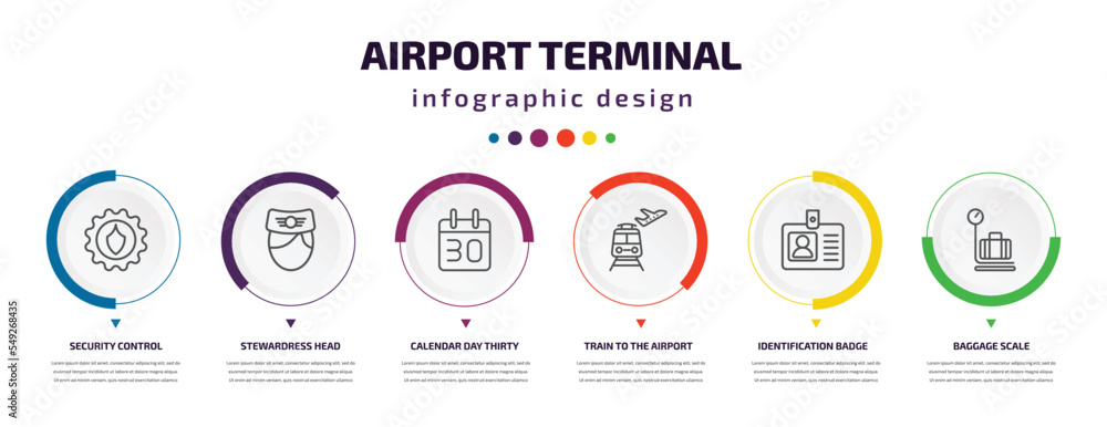 airport terminal infographic element with icons and 6 step or option. airport terminal icons such as security control, stewardress head, calendar day thirty, train to the airport, identification airport terminal infographic element with icons and 6 step or option. airport terminal icons such as security control, stewardress head, calendar day thirty, train to the airport, identification