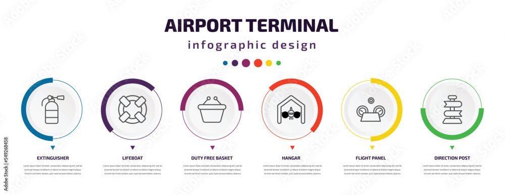 airport terminal infographic element with icons and 6 step or option. airport terminal icons such as extinguisher, lifeboat, duty free basket, hangar, flight panel, direction post vector. can be airport terminal infographic element with icons and 6 step or option. airport terminal icons such as extinguisher, lifeboat, duty free basket, hangar, flight panel, direction post vector. can be