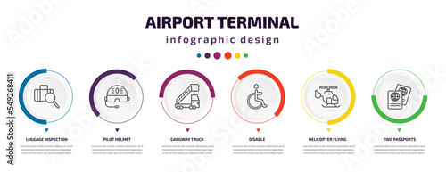 airport terminal infographic element with icons and 6 step or option. airport terminal icons such as luggage inspection, pilot helmet, gangway truck, disable, helicopter flying, two passports