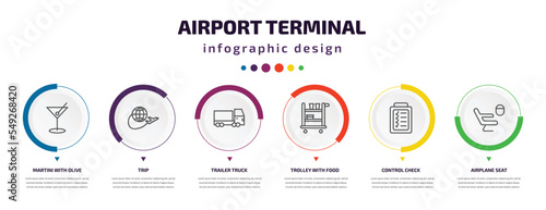 airport terminal infographic element with icons and 6 step or option. airport terminal icons such as martini with olive, trip, trailer truck, trolley with food, control check, airplane seat vector.